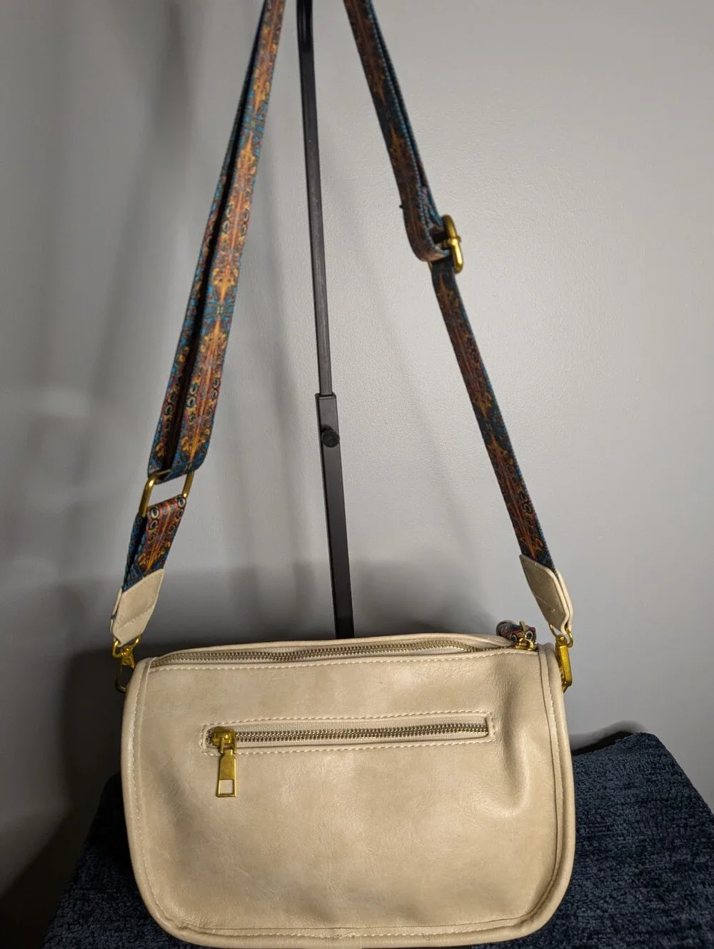 Beige Genuine Leather Crossbody Bag Detachable Multi Color Guitar Strap Boho